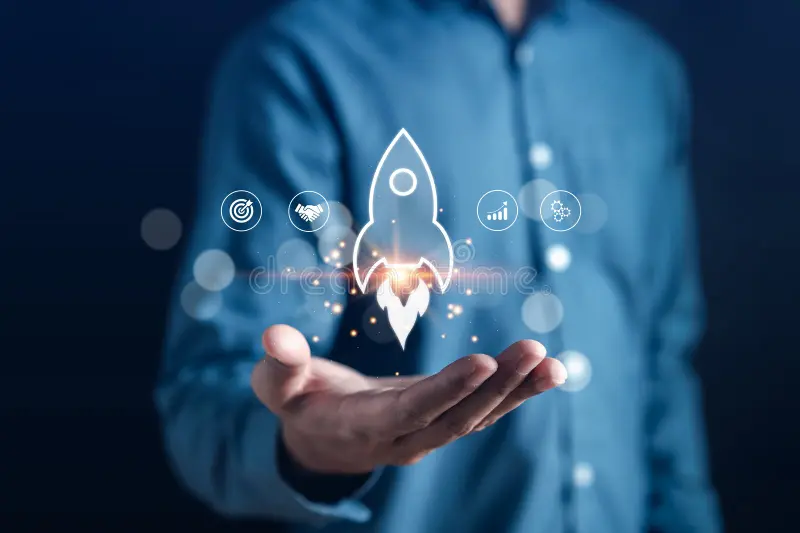 embarking business journey rocket icon accelerate towards our goals rapid startup momentum sights set achieving 287688619
